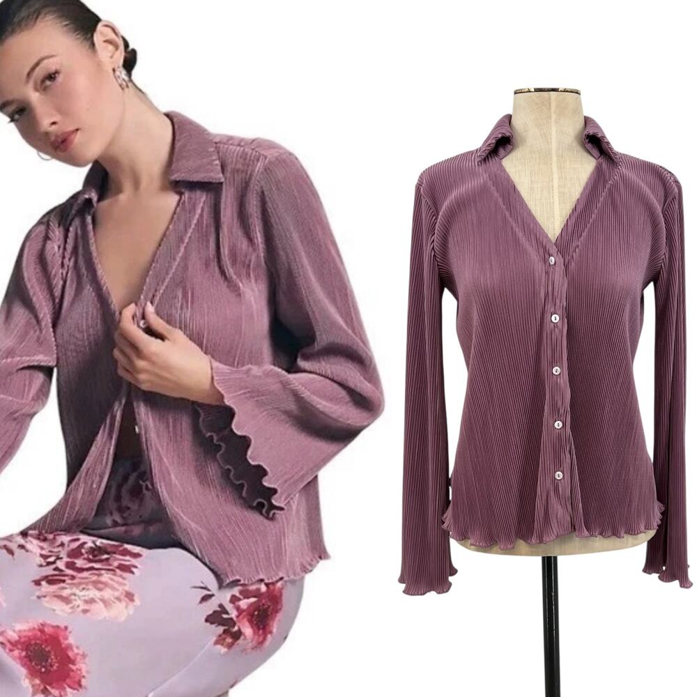 Anthropologie Dolan Lettuce-Hem Buttondown Top Pleated Flare Sleeve Purple XS